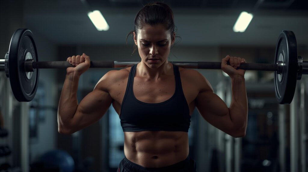 バーベルスクワットする女性